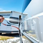 Effective Wohnmobilreiniger in use on a camper van, removing dirt and enhancing shine with foam