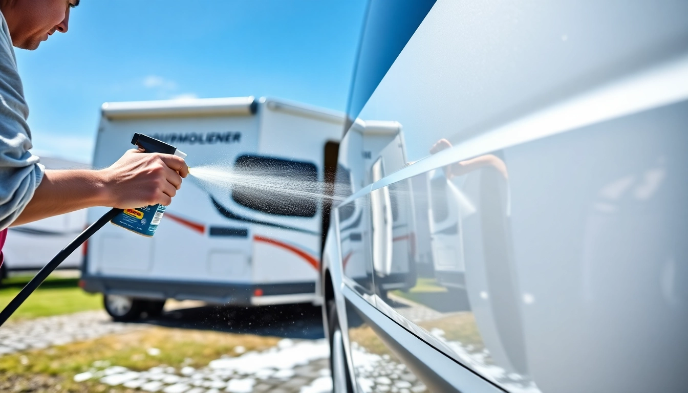 Effective Wohnmobilreiniger in use on a camper van, removing dirt and enhancing shine with foam