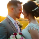 Beautiful couple enjoying natural eskuvoi fotozas in scenic outdoor setting with warm lighting