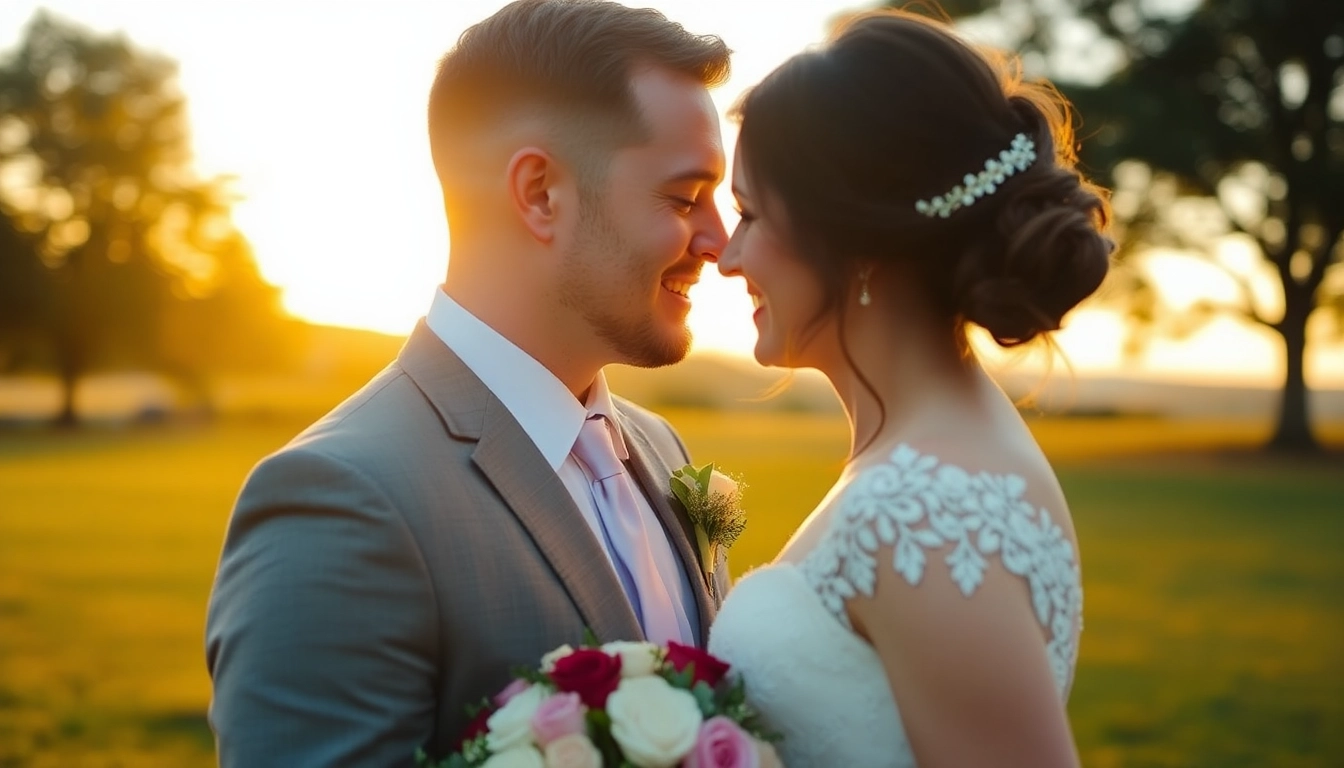 Beautiful couple enjoying natural eskuvoi fotozas in scenic outdoor setting with warm lighting