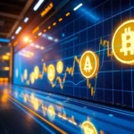 Aicoin digital cryptocurrency logo displayed on a high-tech trading interface for financial analysis