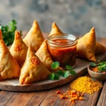 Samosa Chutney served alongside crispy samosas on a traditional Indian plate with fresh herbs
