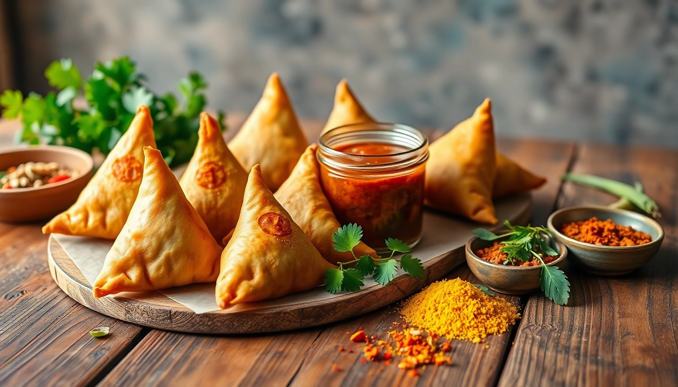 Samosa Chutney served alongside crispy samosas on a traditional Indian plate with fresh herbs